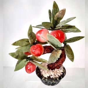 Vintage Chinese Carved Gemstone Peach Tree Quartz Jade Leaves Bonsai Lucky Tree